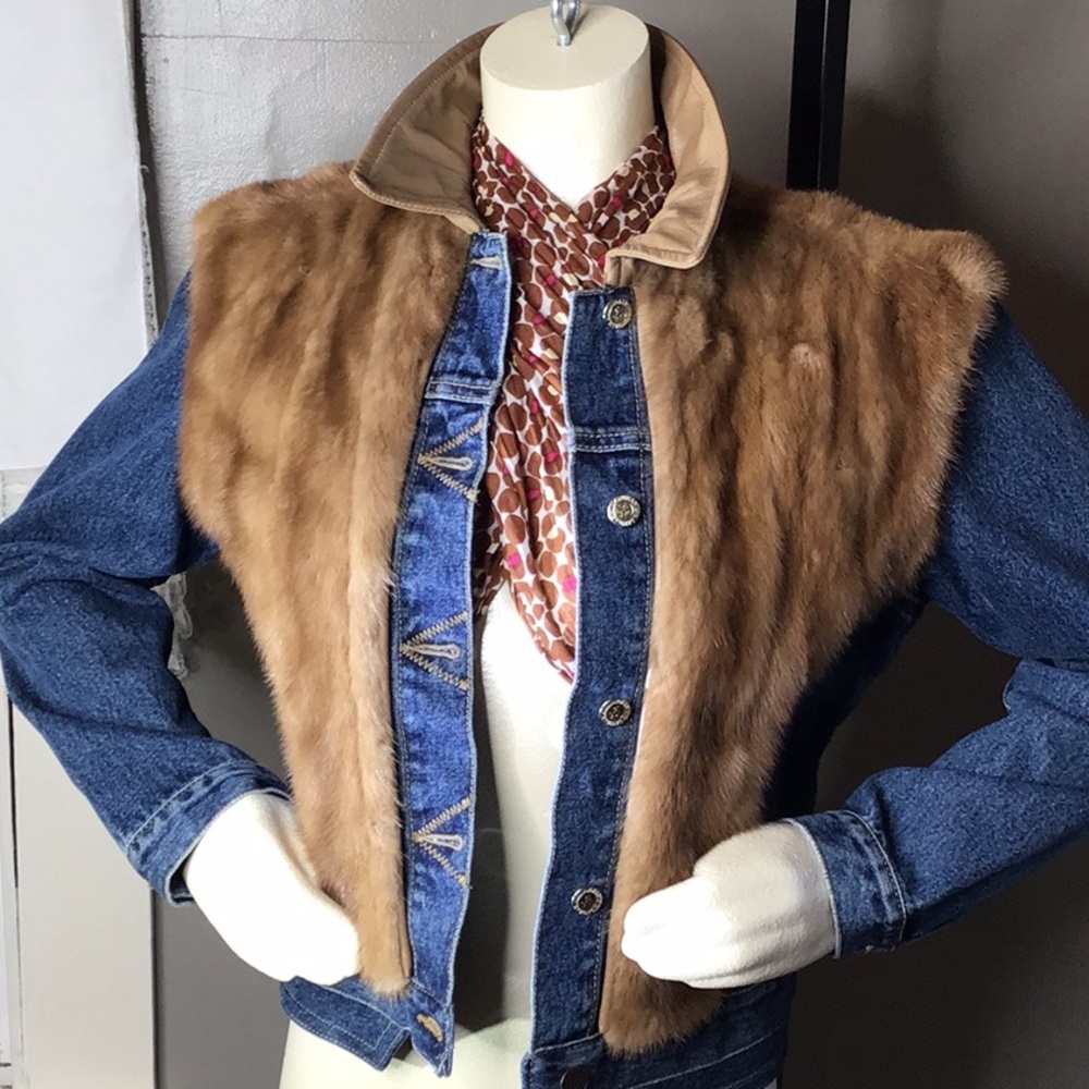 Denim Jean Jacket Lawman Ladies size Medium M Mink Fur Front & Back